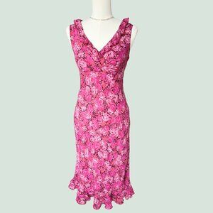 Vintage Express Pink Floral Ruffle Long Midi Dress